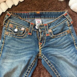 True Religion Orange Stitched Flared Blue Women's Jeans